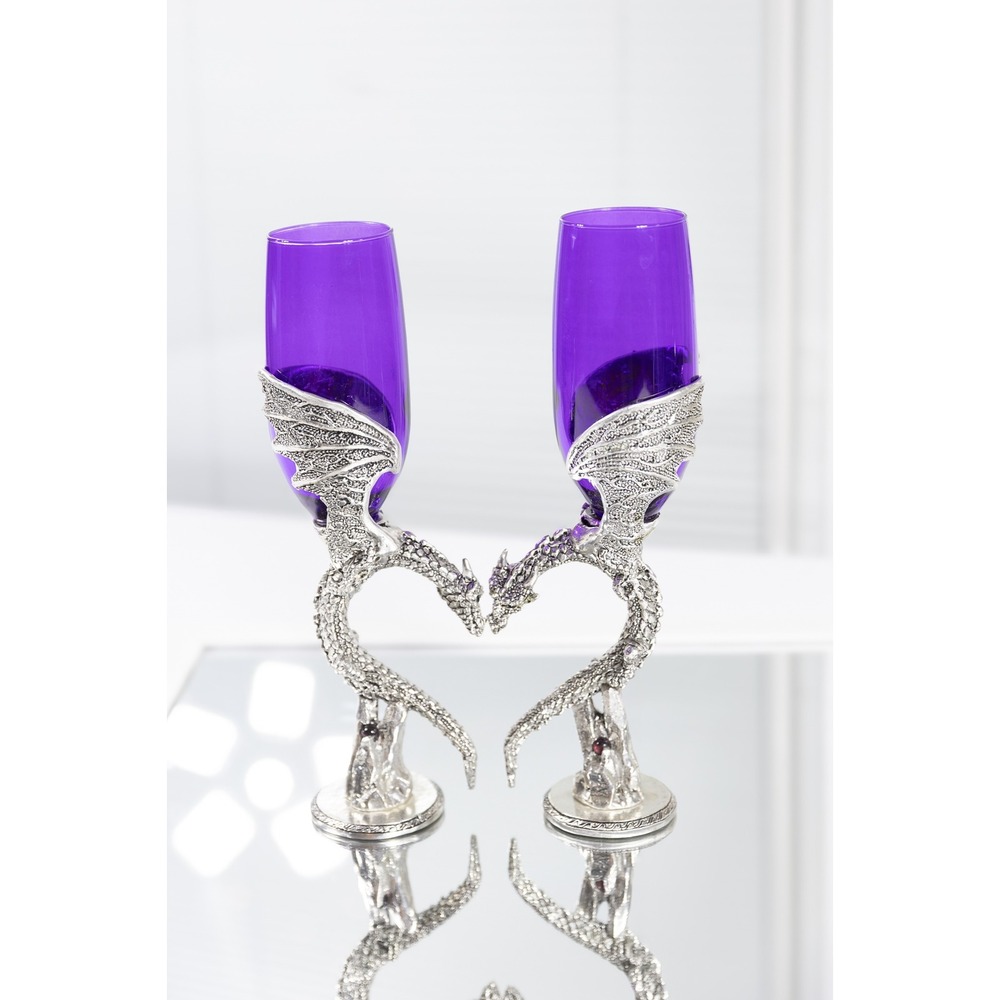 Fellowship Foundry Dragon Heart Wing Purple Glass Pewter Wedding Flutes Pair
